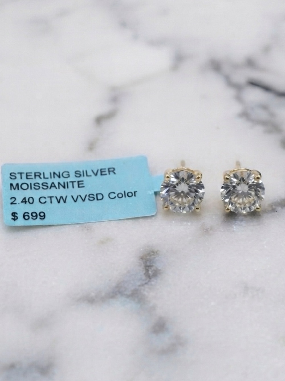 NWT White Moissanite Sterling Silver Round Cut Studs in Gold-Tone 2.40 CTW - Picture 4 of 4